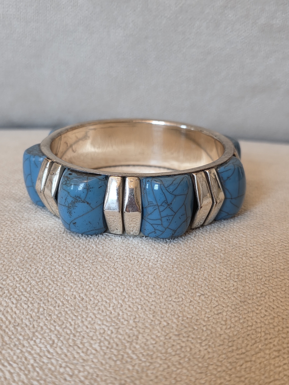 Turquoise Stone Chunky Bangle Bracelet Silver Tone Statement Cuff - Picture 2 of 7